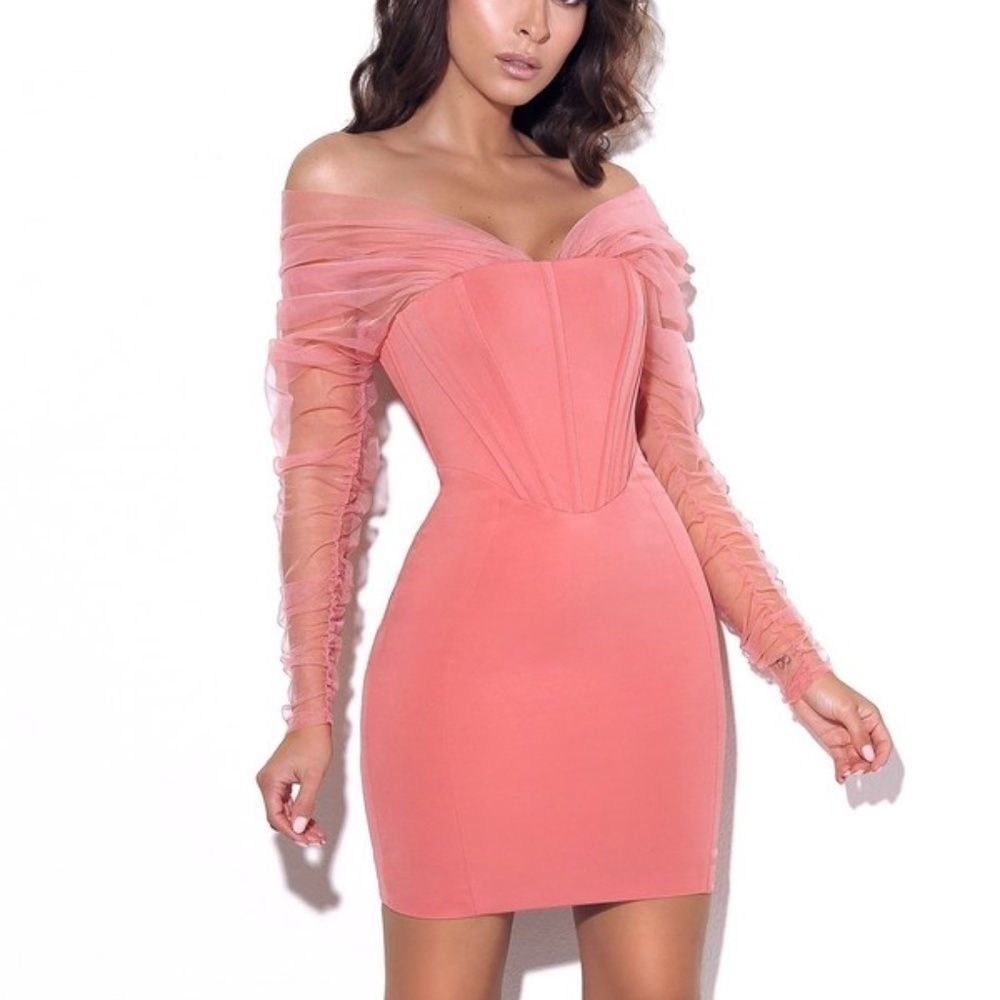 Zofia Salmon Pink Off Shoulder Mesh Sleeve Corset - Picture 5 of 10